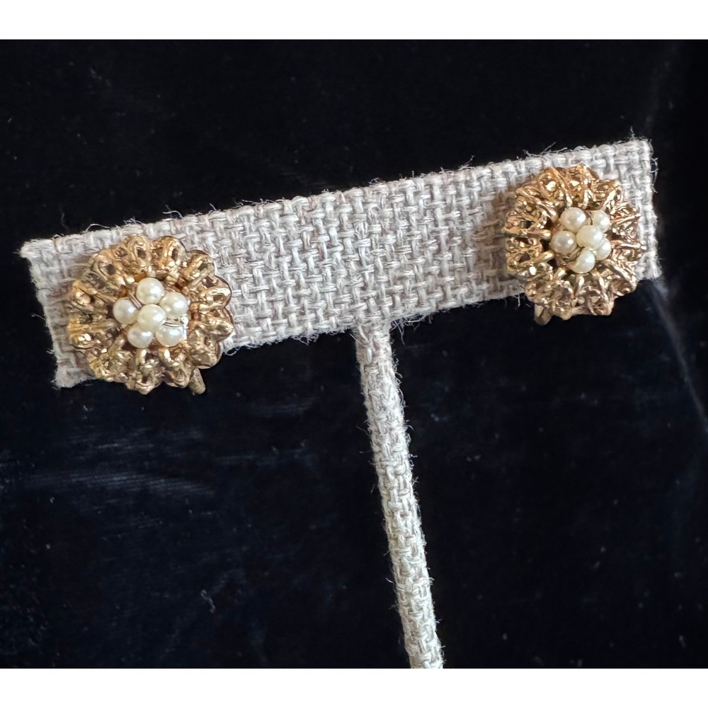 Vintage Screw Back Earrings Faux Pearl Flower Cluster Gold Tone Filigree Wedding
